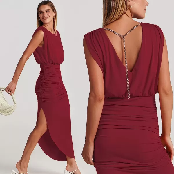 imageANRABESS Women 2023 Summer Sleeveless Ruch Bodycon High Waist Asymmetric Slit Cocktail Maxi DressWine Red