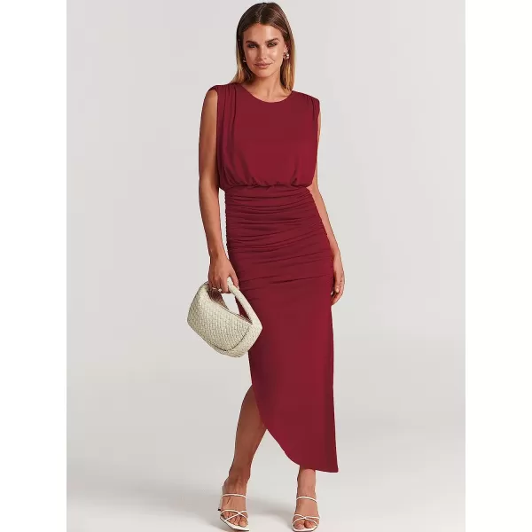 imageANRABESS Women 2023 Summer Sleeveless Ruch Bodycon High Waist Asymmetric Slit Cocktail Maxi DressWine Red