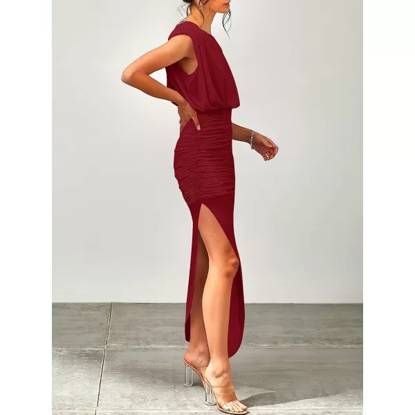 imageANRABESS Women 2023 Summer Sleeveless Ruch Bodycon High Waist Asymmetric Slit Cocktail Maxi DressWine Red