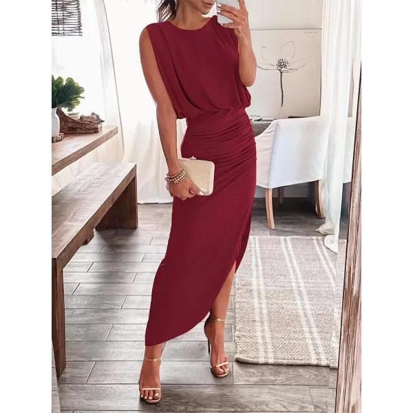 imageANRABESS Women 2023 Summer Sleeveless Ruch Bodycon High Waist Asymmetric Slit Cocktail Maxi DressWine Red