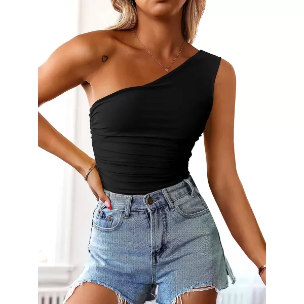 imageANRABESS Women 2023 Summer Sleeveless Sexy One Shoulder Mesh Solid Tank Top Bodysuit JumpsuitsBlack