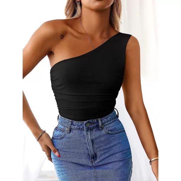 imageANRABESS Women 2023 Summer Sleeveless Sexy One Shoulder Mesh Solid Tank Top Bodysuit JumpsuitsBlack