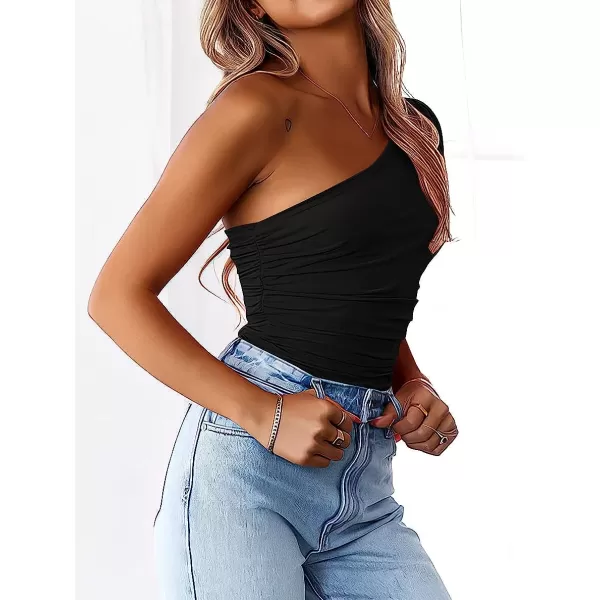 imageANRABESS Women 2023 Summer Sleeveless Sexy One Shoulder Mesh Solid Tank Top Bodysuit JumpsuitsBlack