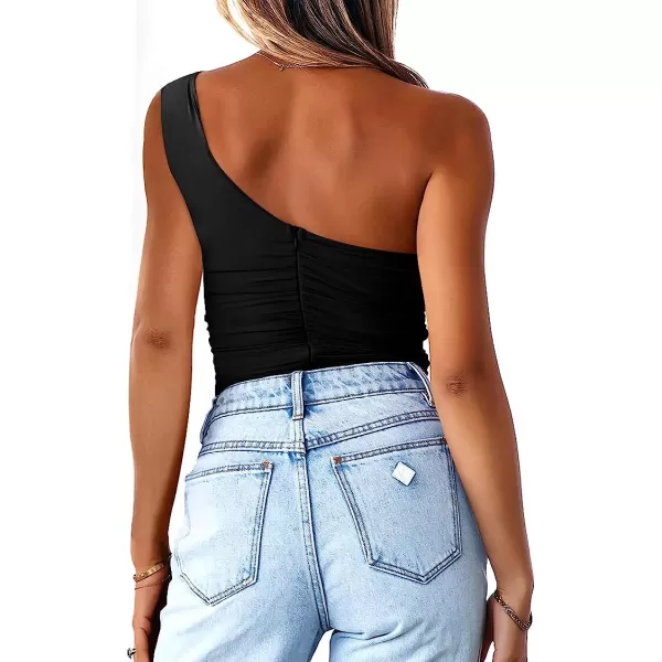 imageANRABESS Women 2023 Summer Sleeveless Sexy One Shoulder Mesh Solid Tank Top Bodysuit JumpsuitsBlack