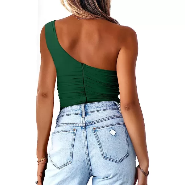 imageANRABESS Women 2023 Summer Sleeveless Sexy One Shoulder Mesh Solid Tank Top Bodysuit JumpsuitsDeep Green
