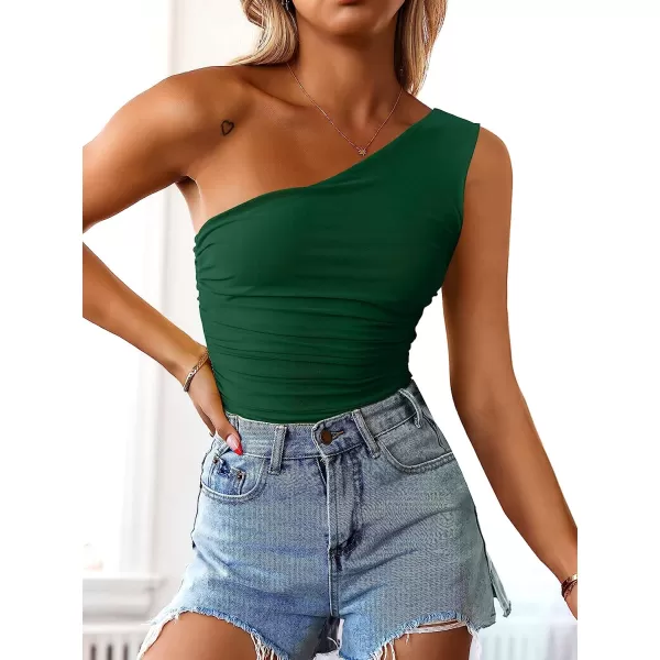 imageANRABESS Women 2023 Summer Sleeveless Sexy One Shoulder Mesh Solid Tank Top Bodysuit JumpsuitsDeep Green