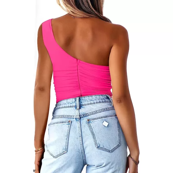 imageANRABESS Women 2023 Summer Sleeveless Sexy One Shoulder Mesh Solid Tank Top Bodysuit JumpsuitsHot Pink