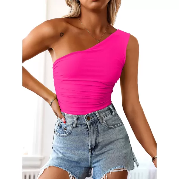 imageANRABESS Women 2023 Summer Sleeveless Sexy One Shoulder Mesh Solid Tank Top Bodysuit JumpsuitsHot Pink