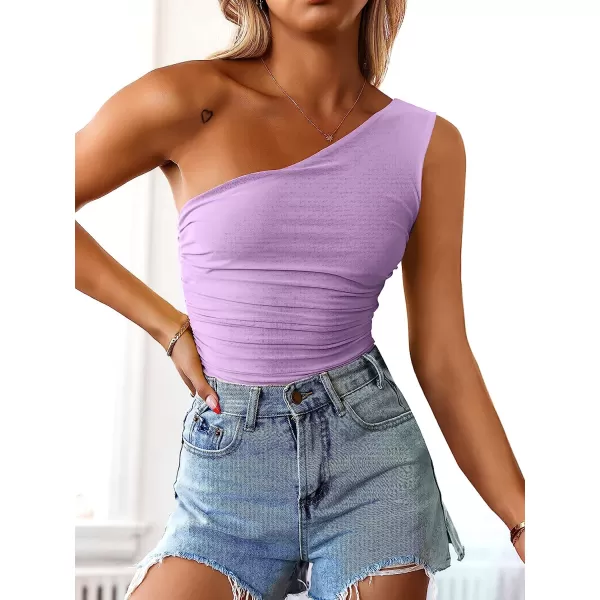 imageANRABESS Women 2023 Summer Sleeveless Sexy One Shoulder Mesh Solid Tank Top Bodysuit JumpsuitsLight Purple