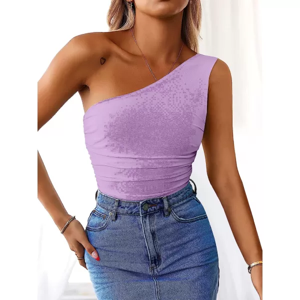 imageANRABESS Women 2023 Summer Sleeveless Sexy One Shoulder Mesh Solid Tank Top Bodysuit JumpsuitsLight Purple