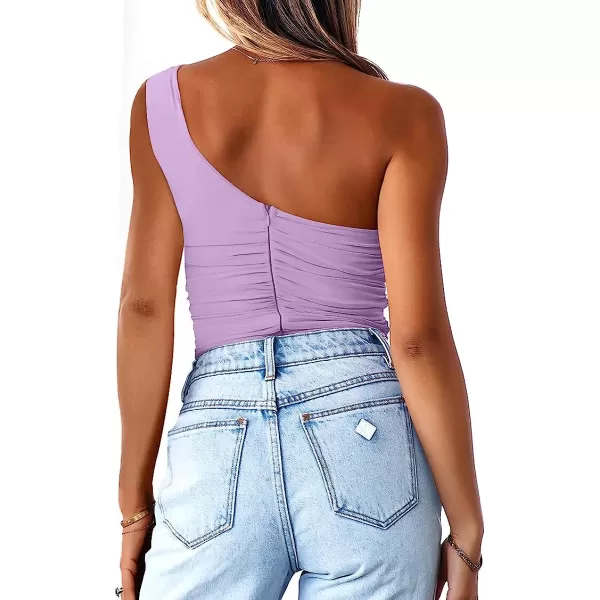 imageANRABESS Women 2023 Summer Sleeveless Sexy One Shoulder Mesh Solid Tank Top Bodysuit JumpsuitsLight Purple