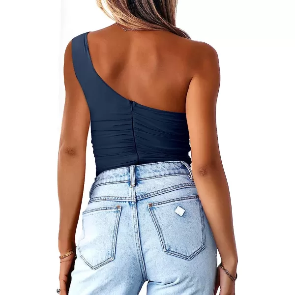imageANRABESS Women 2023 Summer Sleeveless Sexy One Shoulder Mesh Solid Tank Top Bodysuit JumpsuitsNavy Blue