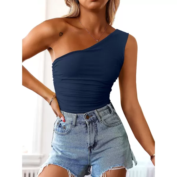 imageANRABESS Women 2023 Summer Sleeveless Sexy One Shoulder Mesh Solid Tank Top Bodysuit JumpsuitsNavy Blue