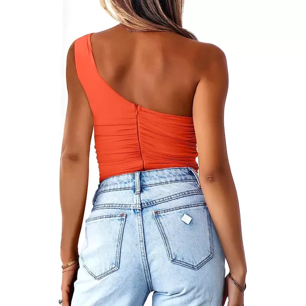 imageANRABESS Women 2023 Summer Sleeveless Sexy One Shoulder Mesh Solid Tank Top Bodysuit JumpsuitsOrange