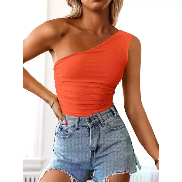 imageANRABESS Women 2023 Summer Sleeveless Sexy One Shoulder Mesh Solid Tank Top Bodysuit JumpsuitsOrange