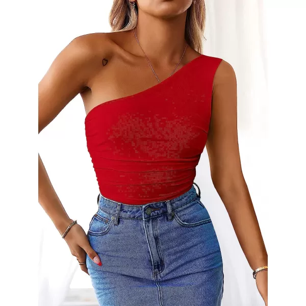 imageANRABESS Women 2023 Summer Sleeveless Sexy One Shoulder Mesh Solid Tank Top Bodysuit JumpsuitsRed