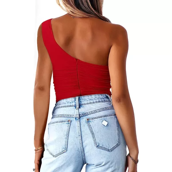 imageANRABESS Women 2023 Summer Sleeveless Sexy One Shoulder Mesh Solid Tank Top Bodysuit JumpsuitsRed