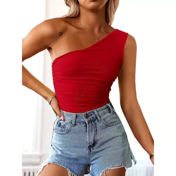 imageANRABESS Women 2023 Summer Sleeveless Sexy One Shoulder Mesh Solid Tank Top Bodysuit JumpsuitsRed