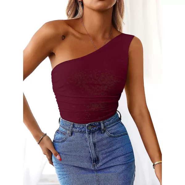imageANRABESS Women 2023 Summer Sleeveless Sexy One Shoulder Mesh Solid Tank Top Bodysuit JumpsuitsWine Red
