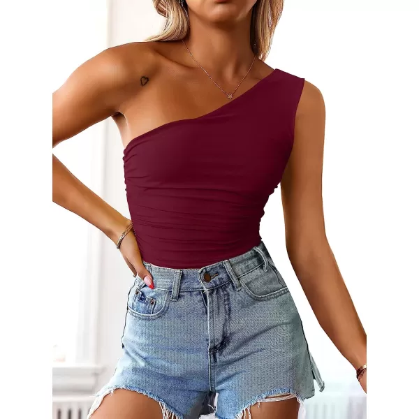 imageANRABESS Women 2023 Summer Sleeveless Sexy One Shoulder Mesh Solid Tank Top Bodysuit JumpsuitsWine Red