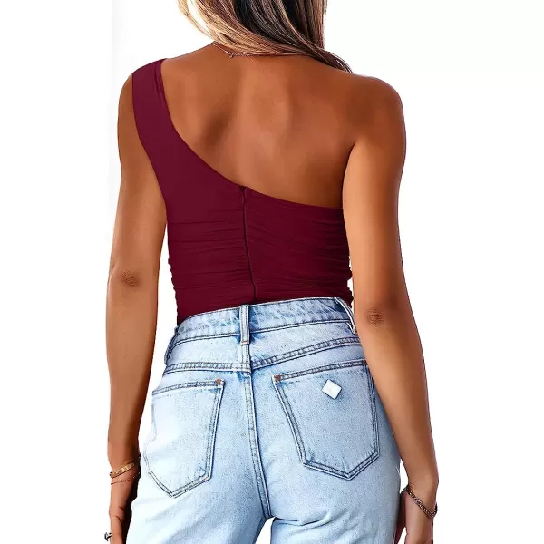 imageANRABESS Women 2023 Summer Sleeveless Sexy One Shoulder Mesh Solid Tank Top Bodysuit JumpsuitsWine Red