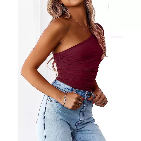 imageANRABESS Women 2023 Summer Sleeveless Sexy One Shoulder Mesh Solid Tank Top Bodysuit JumpsuitsWine Red