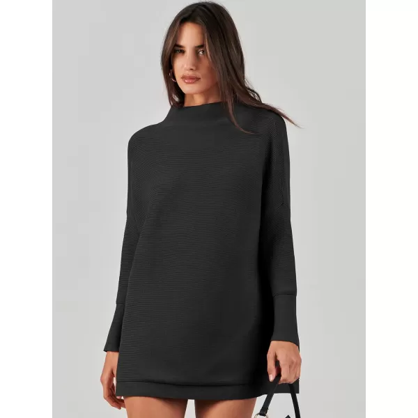 imageANRABESS Women 2023 Trendy Casual Turtleneck Batwing Sleeve Slouchy Oversized Ribbed Knit Tunic Sweaters PulloverBlack