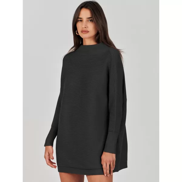 imageANRABESS Women 2023 Trendy Casual Turtleneck Batwing Sleeve Slouchy Oversized Ribbed Knit Tunic Sweaters PulloverBlack