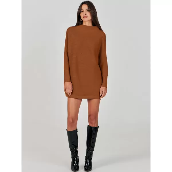 imageANRABESS Women 2023 Trendy Casual Turtleneck Batwing Sleeve Slouchy Oversized Ribbed Knit Tunic Sweaters PulloverBrown