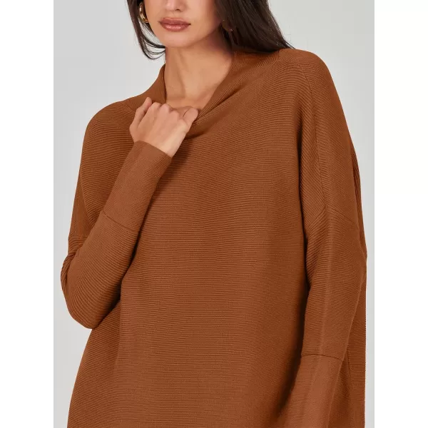 imageANRABESS Women 2023 Trendy Casual Turtleneck Batwing Sleeve Slouchy Oversized Ribbed Knit Tunic Sweaters PulloverBrown