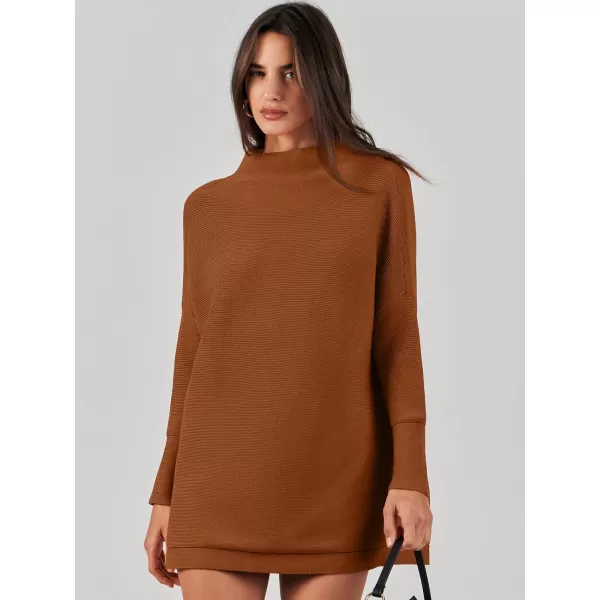 imageANRABESS Women 2023 Trendy Casual Turtleneck Batwing Sleeve Slouchy Oversized Ribbed Knit Tunic Sweaters PulloverBrown