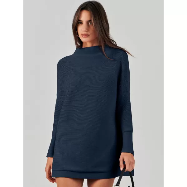 imageANRABESS Women 2023 Trendy Casual Turtleneck Batwing Sleeve Slouchy Oversized Ribbed Knit Tunic Sweaters PulloverDark Blue