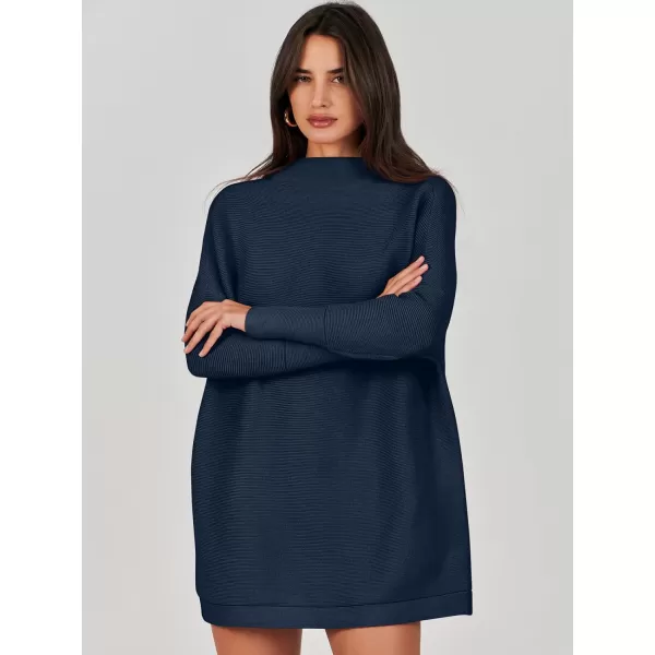 imageANRABESS Women 2023 Trendy Casual Turtleneck Batwing Sleeve Slouchy Oversized Ribbed Knit Tunic Sweaters PulloverDark Blue