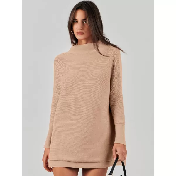 imageANRABESS Women 2023 Trendy Casual Turtleneck Batwing Sleeve Slouchy Oversized Ribbed Knit Tunic Sweaters PulloverKhaki