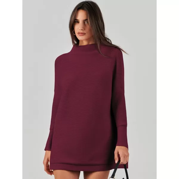 imageANRABESS Women 2023 Trendy Casual Turtleneck Batwing Sleeve Slouchy Oversized Ribbed Knit Tunic Sweaters PulloverWine Red