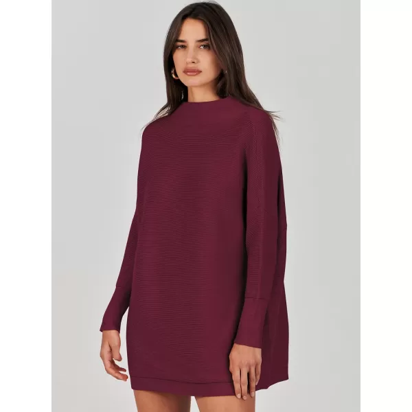 imageANRABESS Women 2023 Trendy Casual Turtleneck Batwing Sleeve Slouchy Oversized Ribbed Knit Tunic Sweaters PulloverWine Red