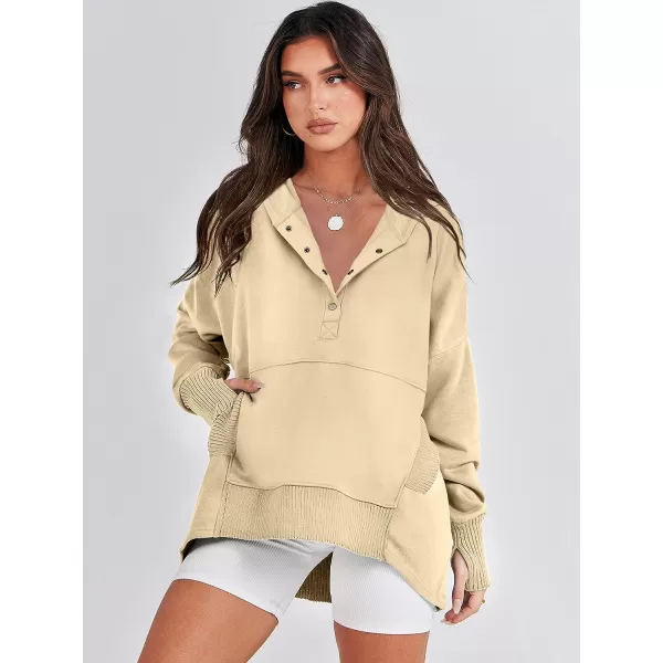 imageANRABESS Women Casual Button V Neck Hoodies Oversized Pullover Sweatshirt Hooded Sweater Tops with PocketsApricot