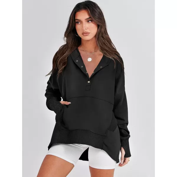 imageANRABESS Women Casual Button V Neck Hoodies Oversized Pullover Sweatshirt Hooded Sweater Tops with PocketsBlack