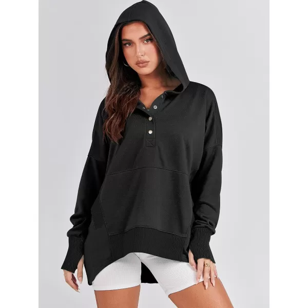 imageANRABESS Women Casual Button V Neck Hoodies Oversized Pullover Sweatshirt Hooded Sweater Tops with PocketsBlack