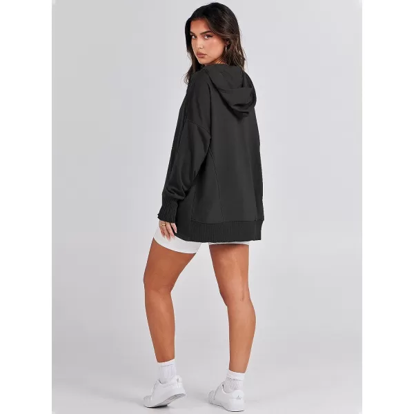 imageANRABESS Women Casual Button V Neck Hoodies Oversized Pullover Sweatshirt Hooded Sweater Tops with PocketsBlack
