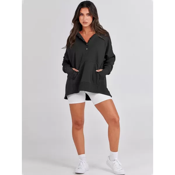 imageANRABESS Women Casual Button V Neck Hoodies Oversized Pullover Sweatshirt Hooded Sweater Tops with PocketsBlack