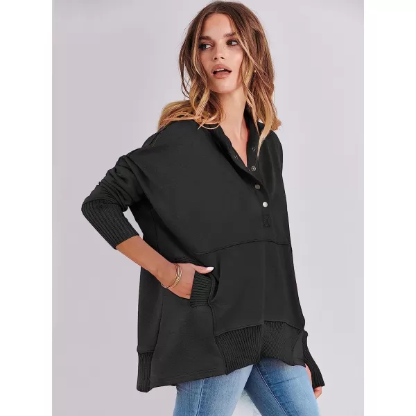 imageANRABESS Women Casual Button V Neck Hoodies Oversized Pullover Sweatshirt Hooded Sweater Tops with PocketsBlack