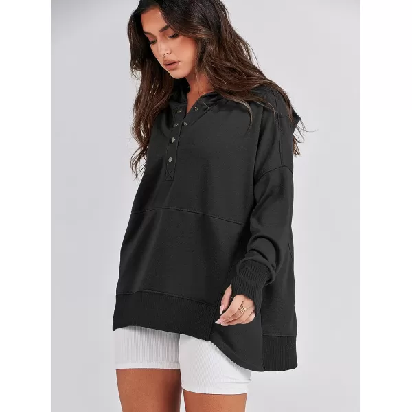 imageANRABESS Women Casual Button V Neck Hoodies Oversized Pullover Sweatshirt Hooded Sweater Tops with PocketsBlack