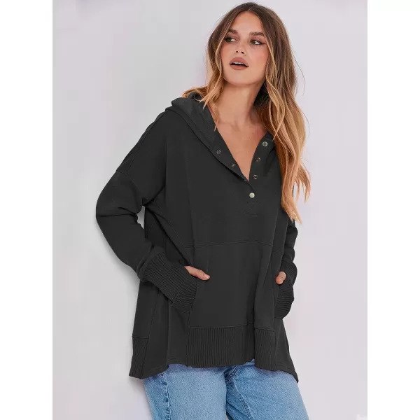 imageANRABESS Women Casual Button V Neck Hoodies Oversized Pullover Sweatshirt Hooded Sweater Tops with PocketsBlack