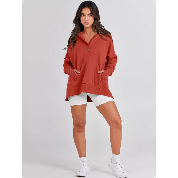imageANRABESS Women Casual Button V Neck Hoodies Oversized Pullover Sweatshirt Hooded Sweater Tops with PocketsBrick Red