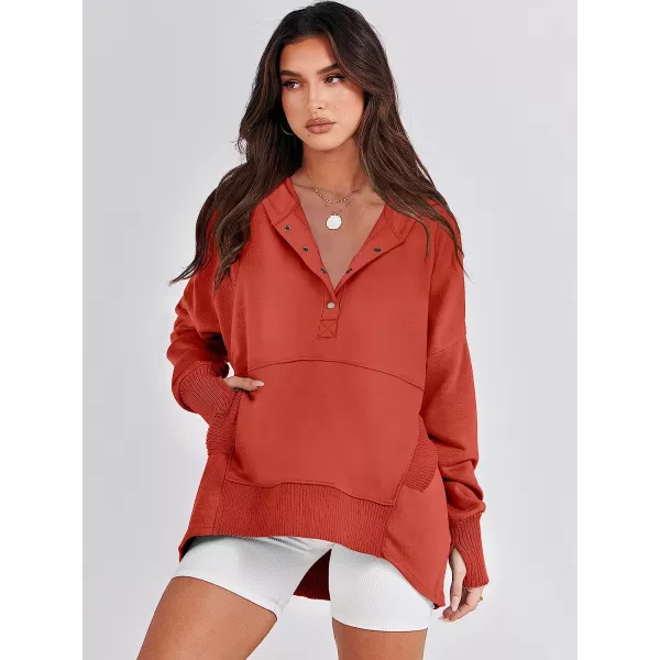 imageANRABESS Women Casual Button V Neck Hoodies Oversized Pullover Sweatshirt Hooded Sweater Tops with PocketsBrick Red