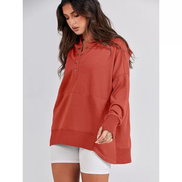 imageANRABESS Women Casual Button V Neck Hoodies Oversized Pullover Sweatshirt Hooded Sweater Tops with PocketsBrick Red