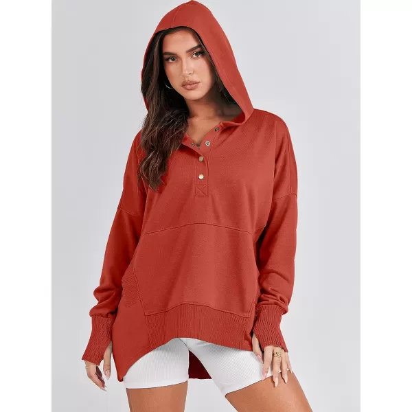 imageANRABESS Women Casual Button V Neck Hoodies Oversized Pullover Sweatshirt Hooded Sweater Tops with PocketsBrick Red