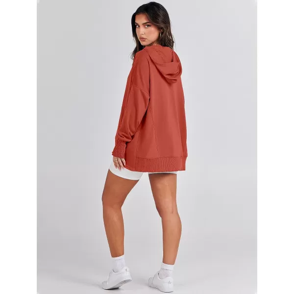 imageANRABESS Women Casual Button V Neck Hoodies Oversized Pullover Sweatshirt Hooded Sweater Tops with PocketsBrick Red