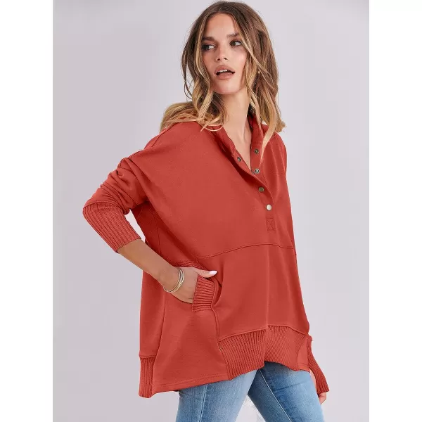 imageANRABESS Women Casual Button V Neck Hoodies Oversized Pullover Sweatshirt Hooded Sweater Tops with PocketsBrick Red